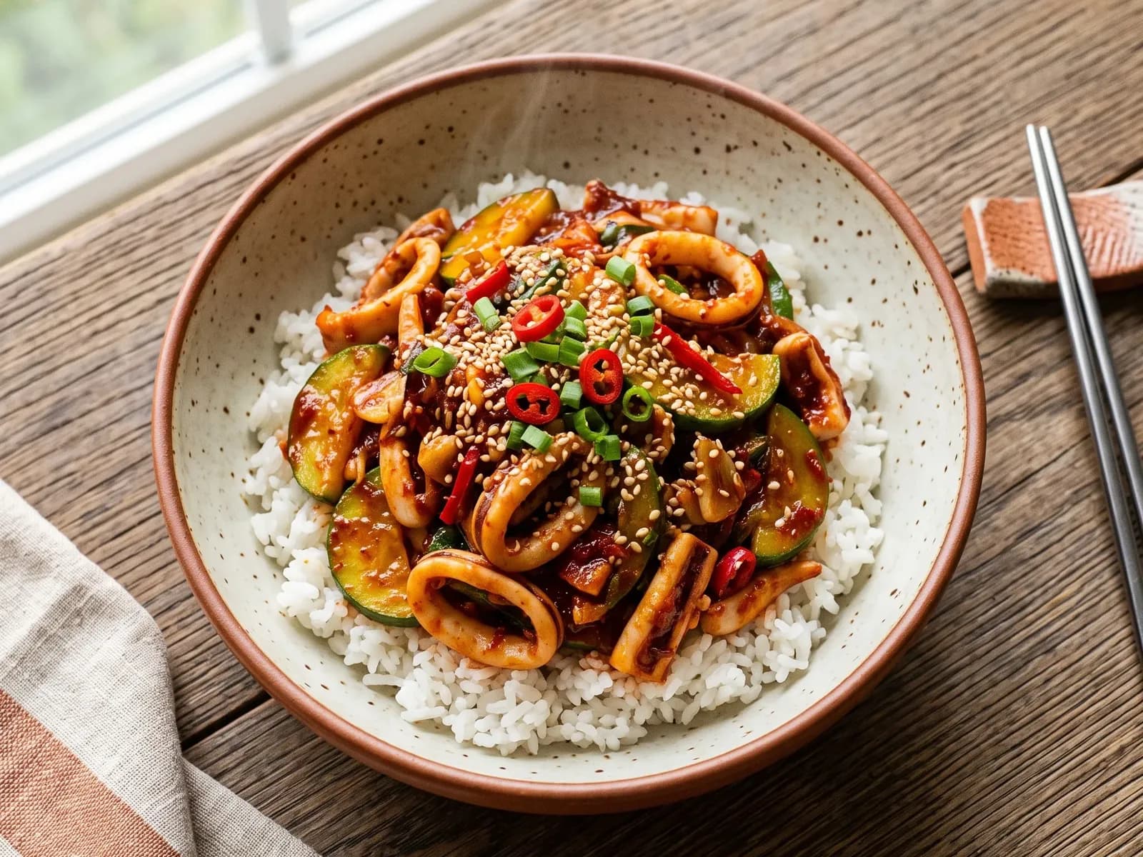 Squid & Zucchini Rice Bowl