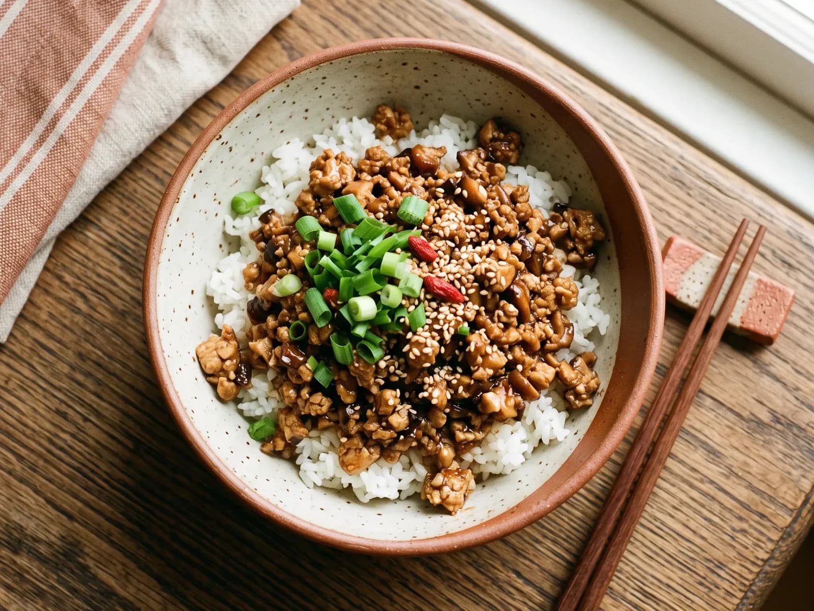 Meatless "Meat-Flavored" Crumble Rice Bowl
